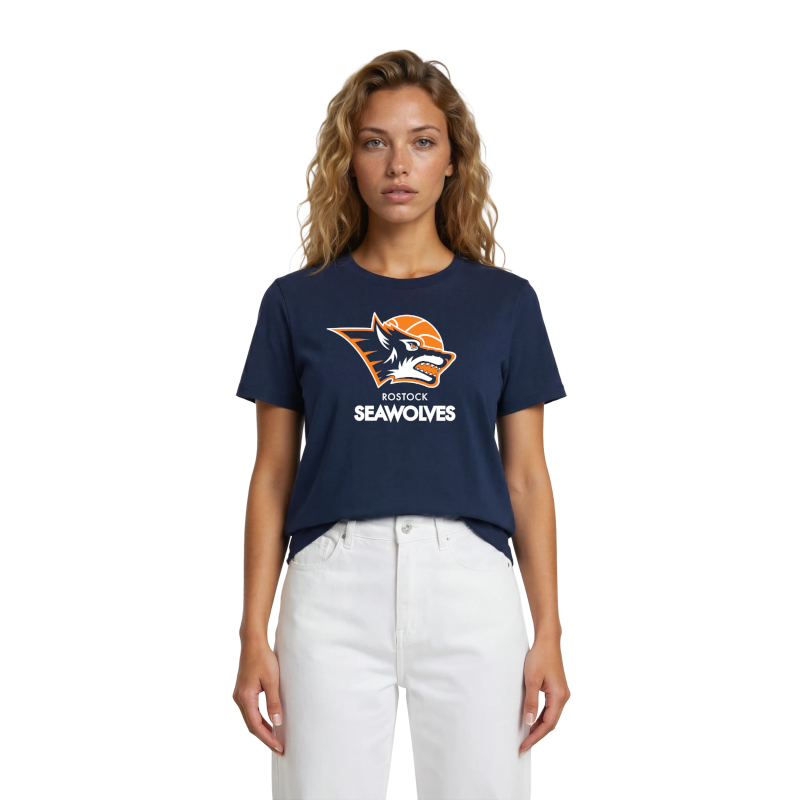 Frau mit T-Shirt navy